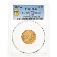 Coin, France, Cérès, 20 Francs, 1850, Paris, PCGS, MS63, MS(63), Gold, KM:762