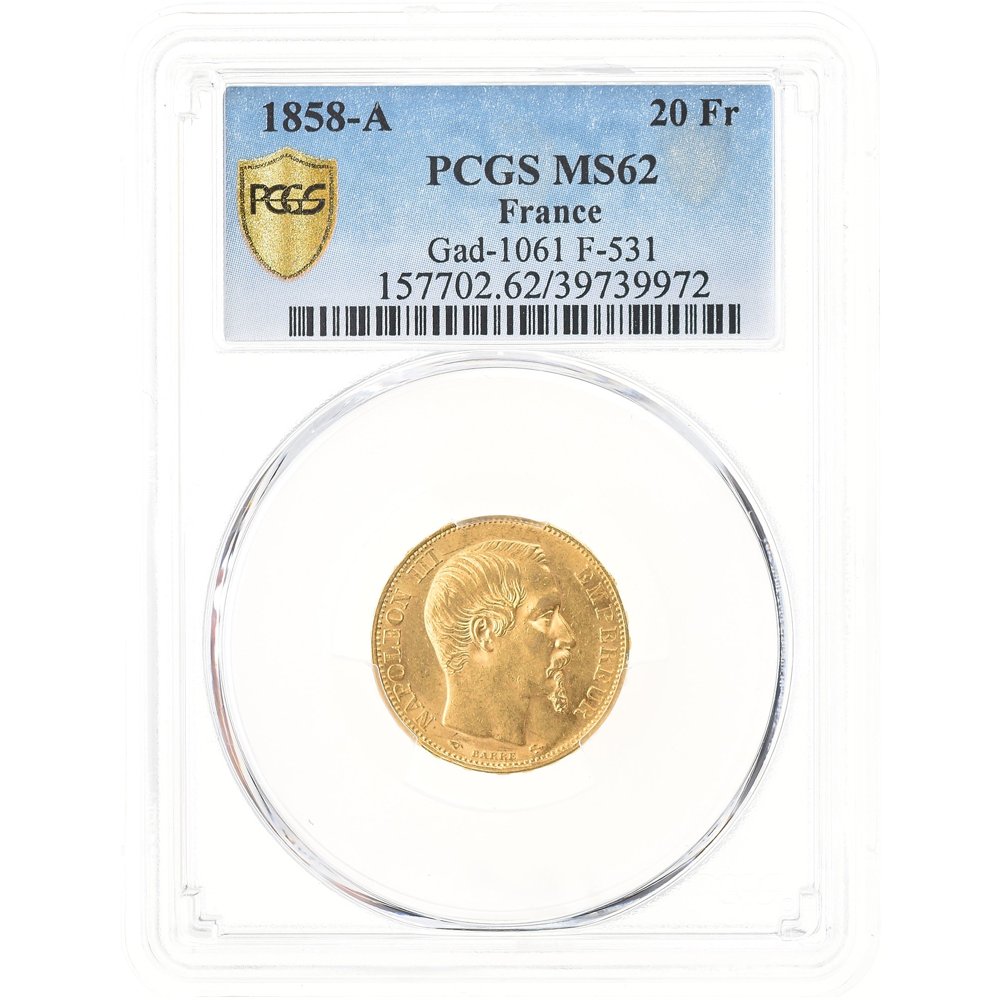 Monnaie, France, Napoleon III, Napoléon III, 20 Francs, 1858, Paris, PCGS