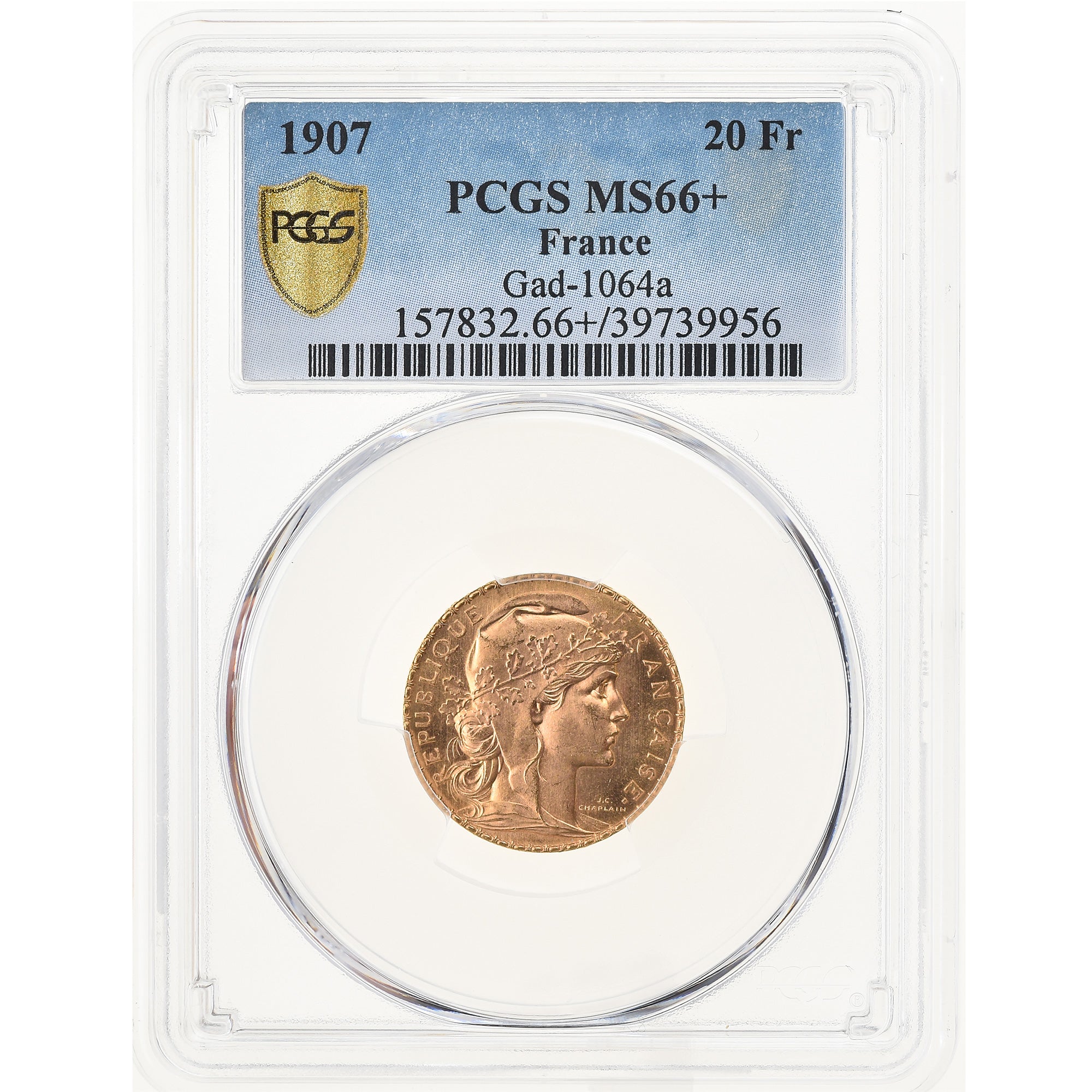 Moeda, França, Marianne, 20 Francs, 1907, Paris, PCGS, MS66+, MS(65-70)