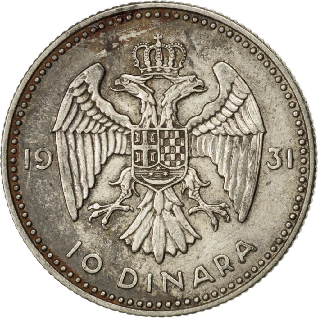YUGOSLAVIA, 10 Dinara, 1931, London, KM #10, EF(40-45), Silver, 25, 7.00