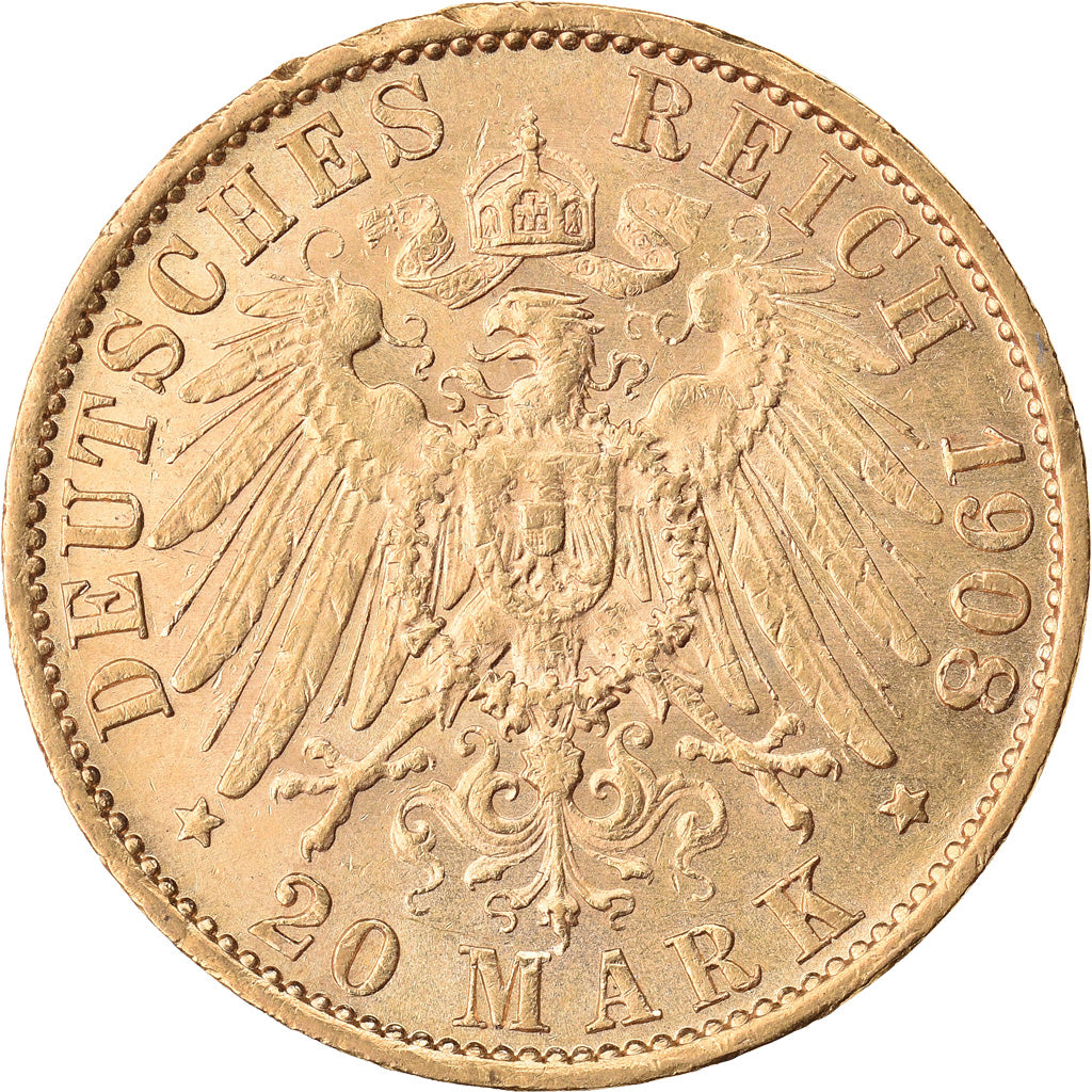 Coin, German States, PRUSSIA, Wilhelm II, 20 Mark, 1908, Berlin, MS(60-62)