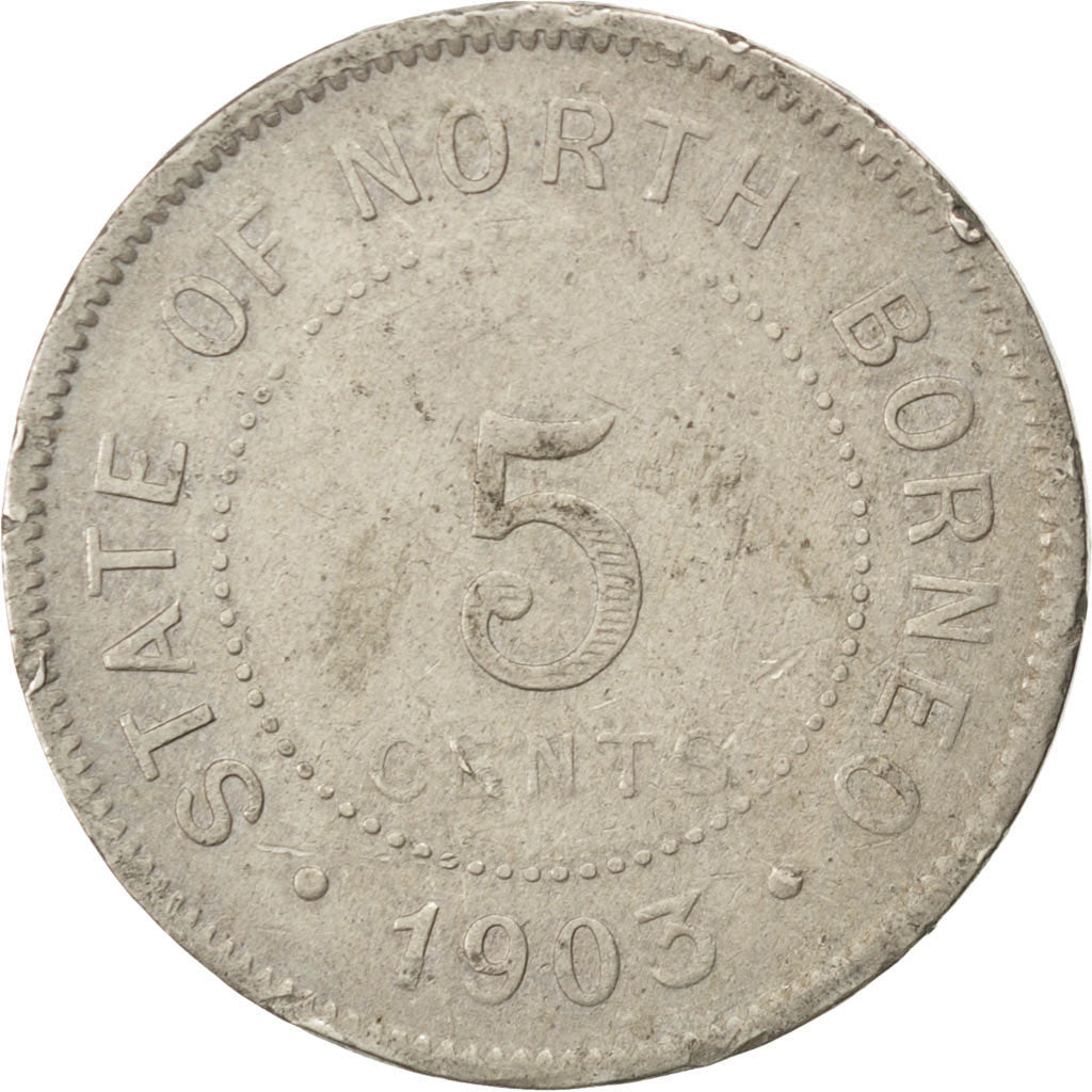 BRITISH NORTH BORNEO, 5 Cents, 1903, Heaton, KM #5, VF(30-35), Copper-Nickel,...