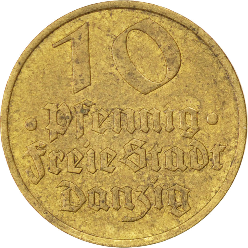 DANZIG, 10 Pfennig, 1932, KM #152, EF(40-45), Bronze-Aluminium, 3.45