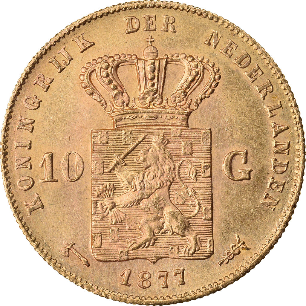 Coin, Netherlands, William III, 10 Gulden, 1877, MS(60-62), Gold, KM:106