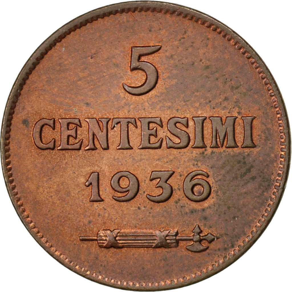 SAN MARINO, 5 Centesimi, 1936, Rome, KM #12, MS(63), Bronze, 19.5, 3.29