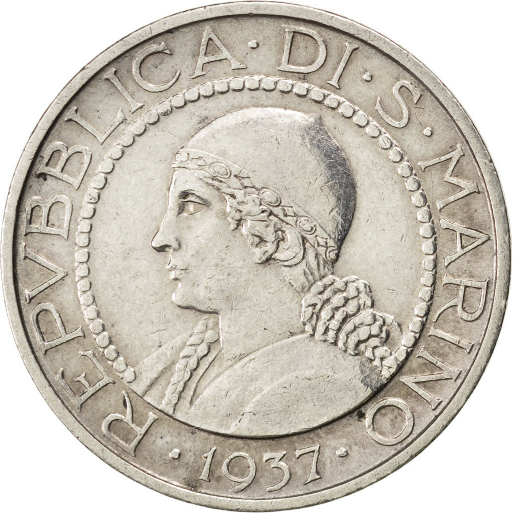 SAN MARINO, 5 Lire, 1937, Rome, KM #9, AU(55-58), Silver, 23, 4.98