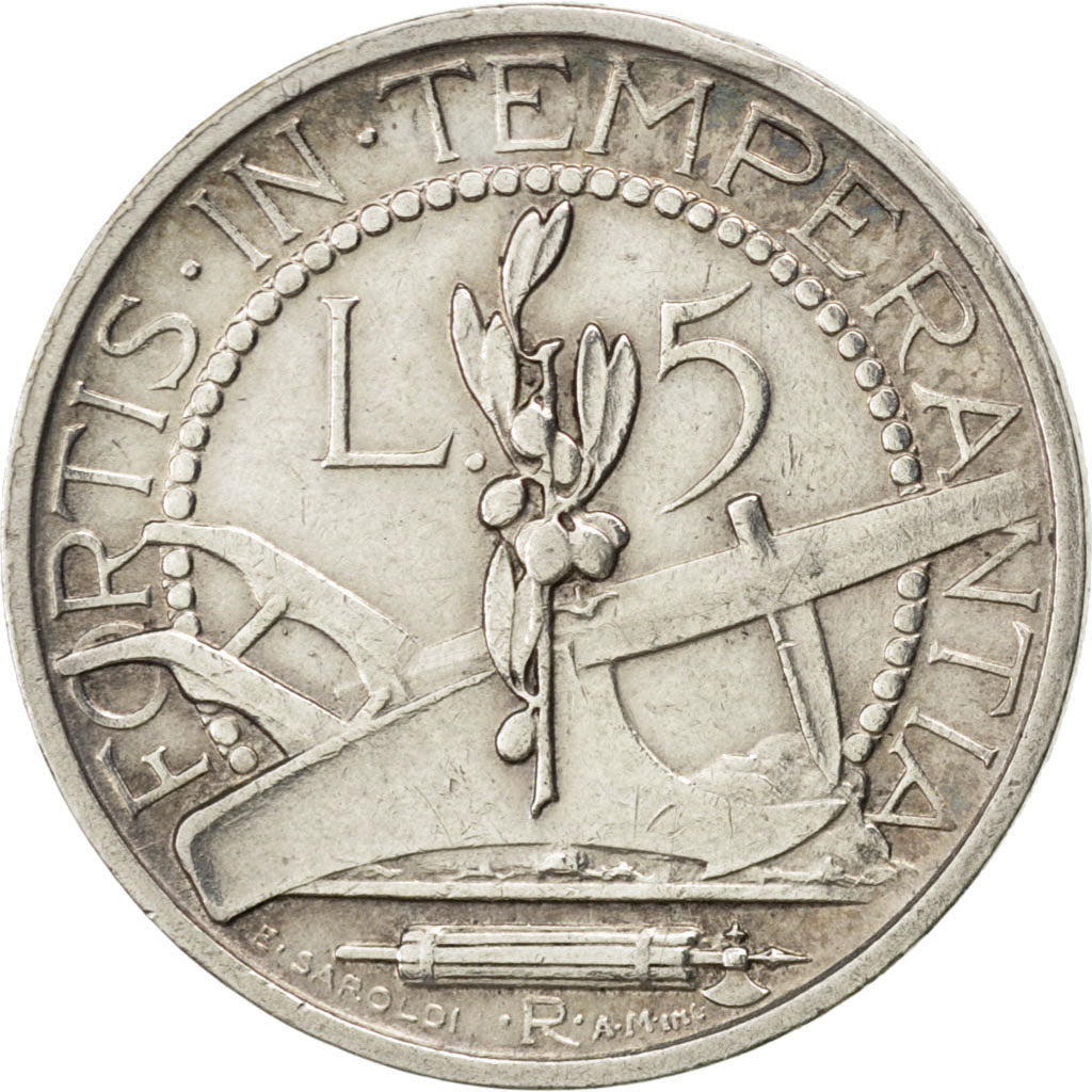 SAN MARINO, 5 Lire, 1937, Rome, KM #9, AU(55-58), Silver, 23, 4.98