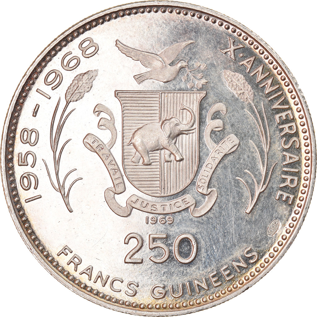 Coin, Guinea, Moon Landing, 250 Francs, 1969, Proof, MS(63), Silver, KM:12