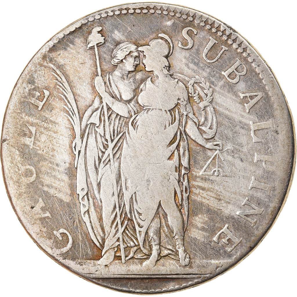 Moeda, ESTADOS ITALIANOS, PIEDMONT REPUBLIC, 5 Francs, An 10, Turin, VF(20-25)
