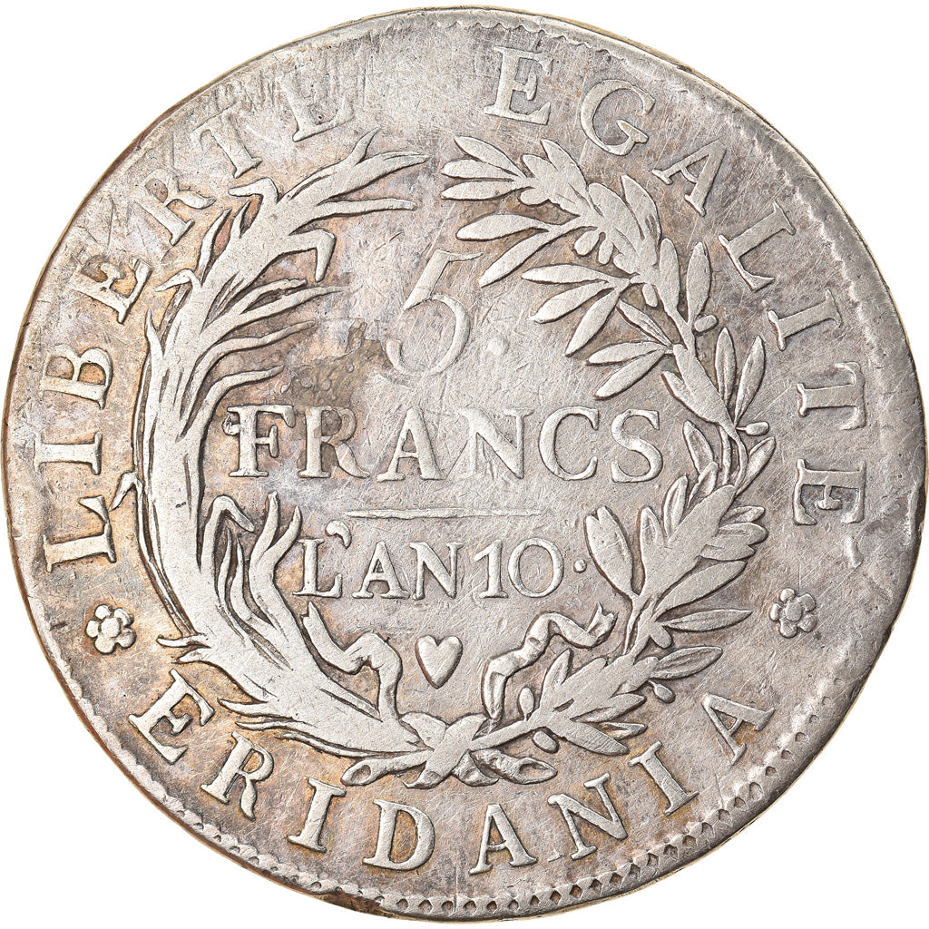Moeda, ESTADOS ITALIANOS, PIEDMONT REPUBLIC, 5 Francs, An 10, Turin, VF(20-25)