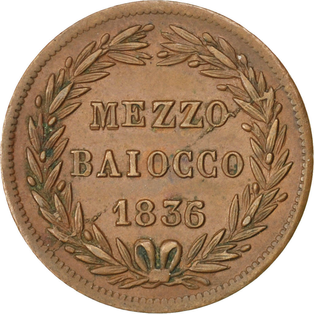 STATI ITALIANI, PAPAL STATES, Gregory XVI, Mezzo (1/2) Baiocco, 1836, Roma, S...