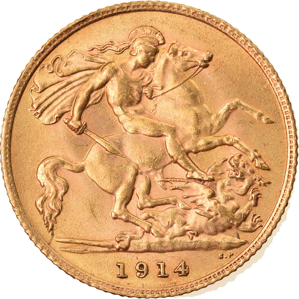 Moneda, Gran Bretaña, George V, 1/2 Sovereign, 1914, London, EBC, Oro, KM:819