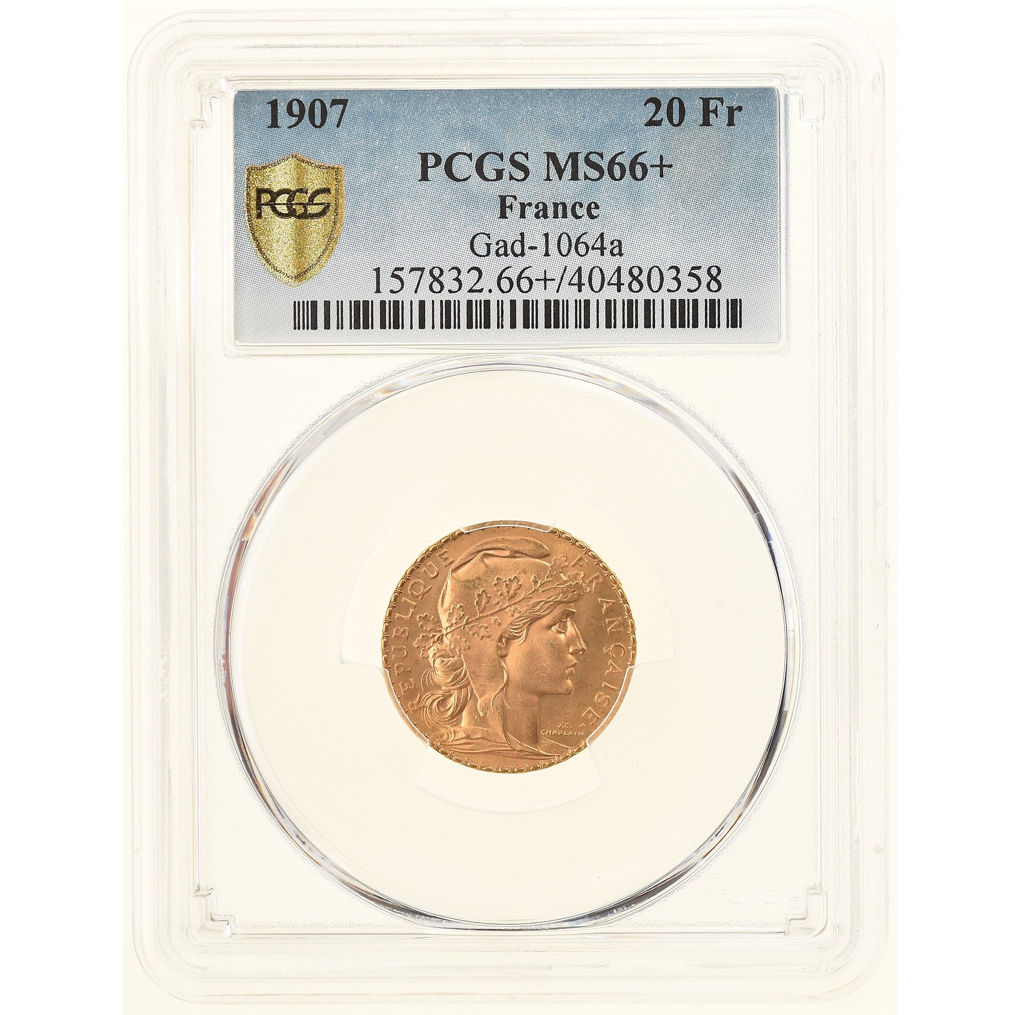 Moneta, Francia, Marianne, 20 Francs, 1907, Paris, PCGS, MS66+, FDC, Oro