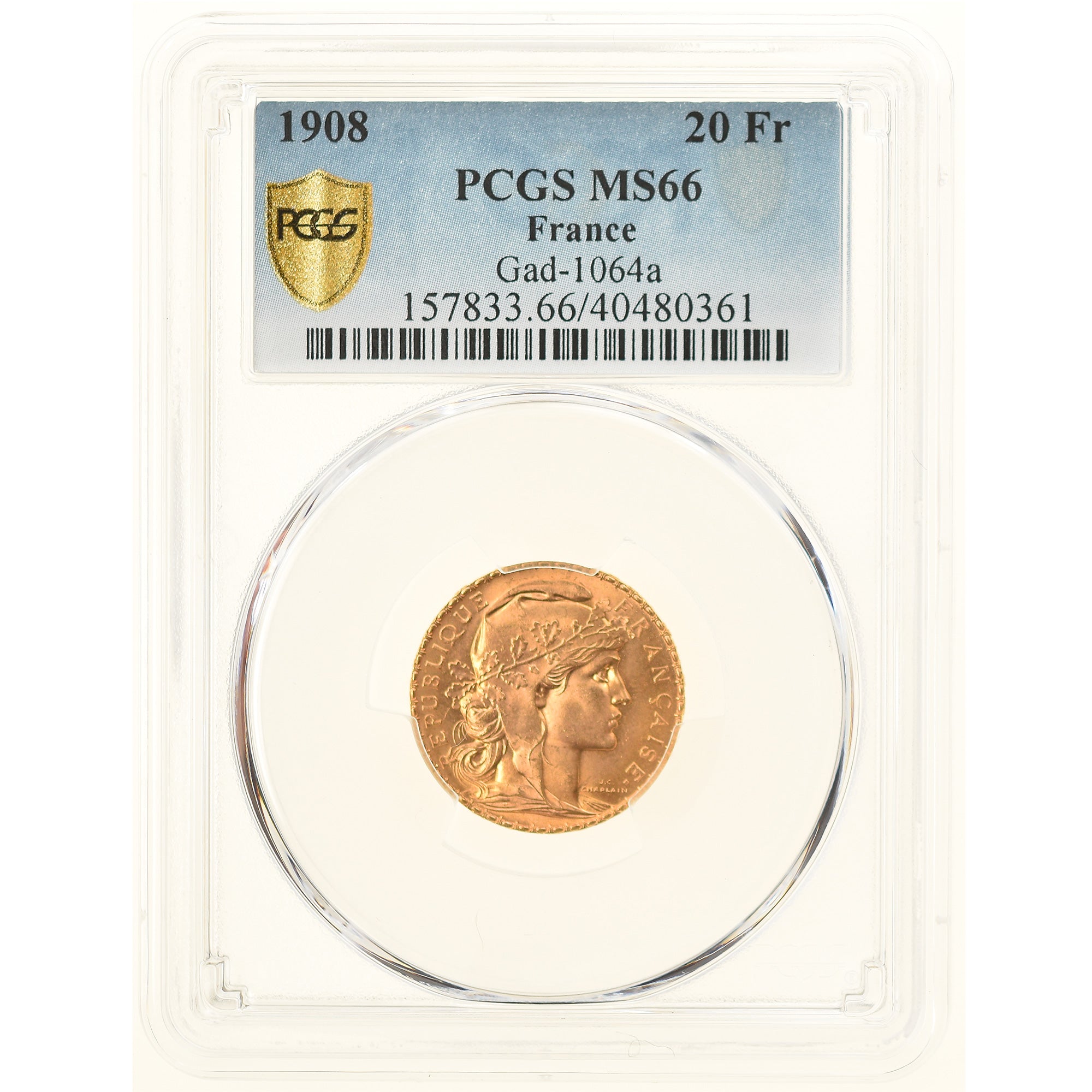 Coin, France, Marianne, 20 Francs, 1908, Paris, PCGS, MS66, MS(65-70), Gold