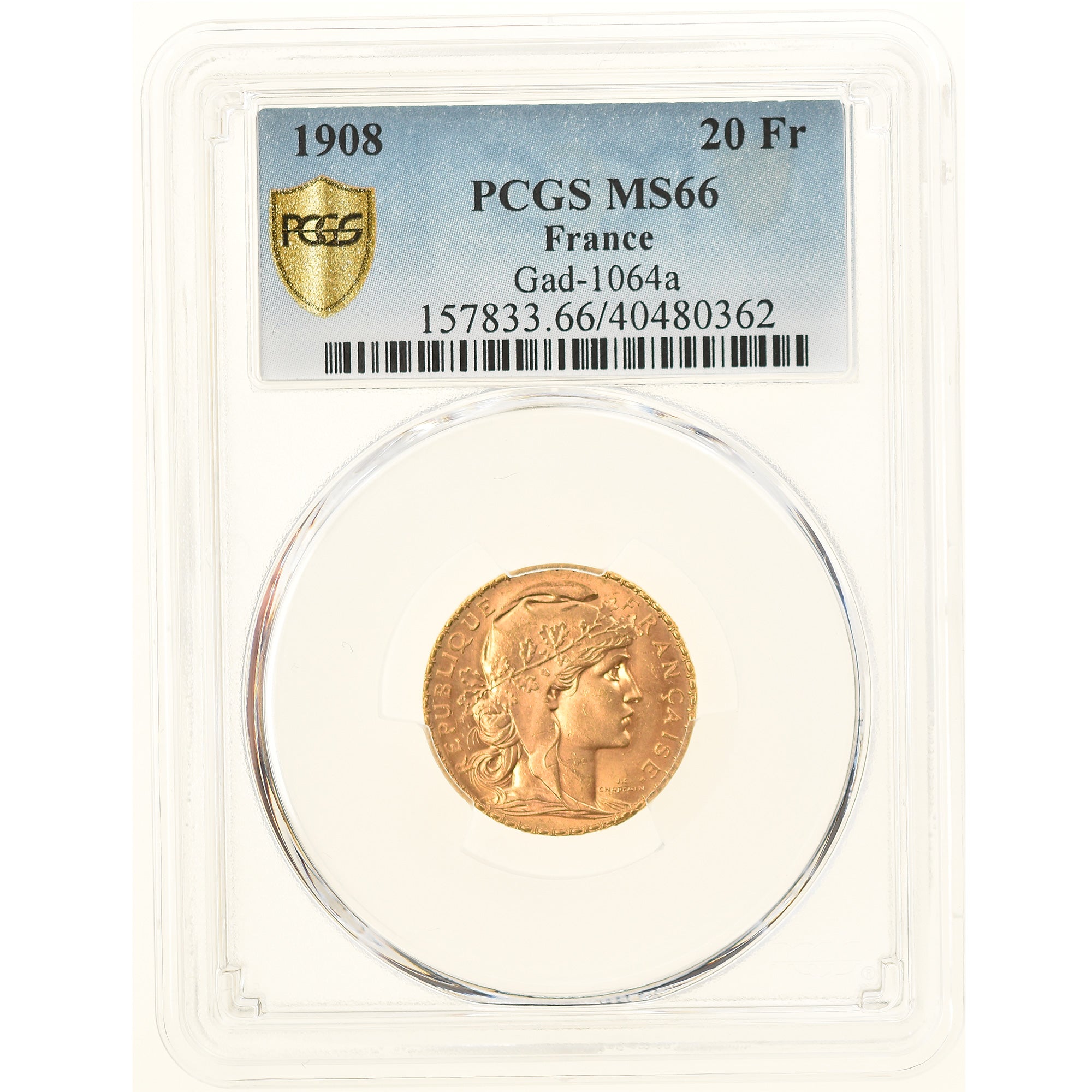 Coin, France, Marianne, 20 Francs, 1908, Paris, PCGS, MS66, MS(65-70), Gold