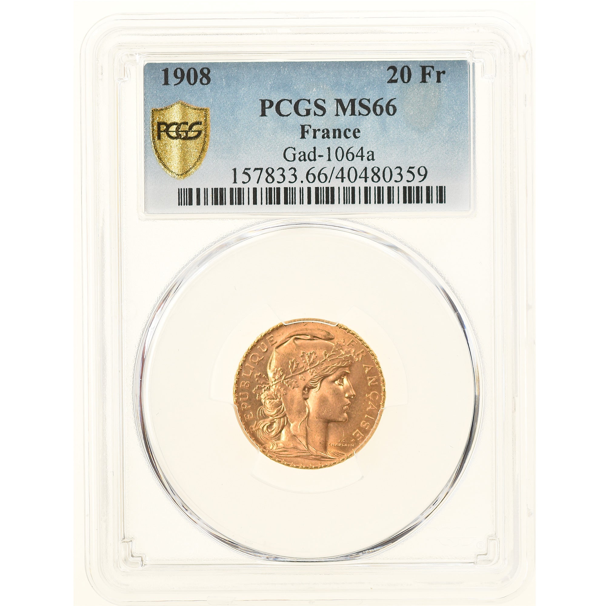 Munten, Frankrijk, Marianne, 20 Francs, 1908, Paris, PCGS, MS66, FDC, Goud
