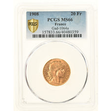 Munten, Frankrijk, Marianne, 20 Francs, 1908, Paris, PCGS, MS66, FDC, Goud