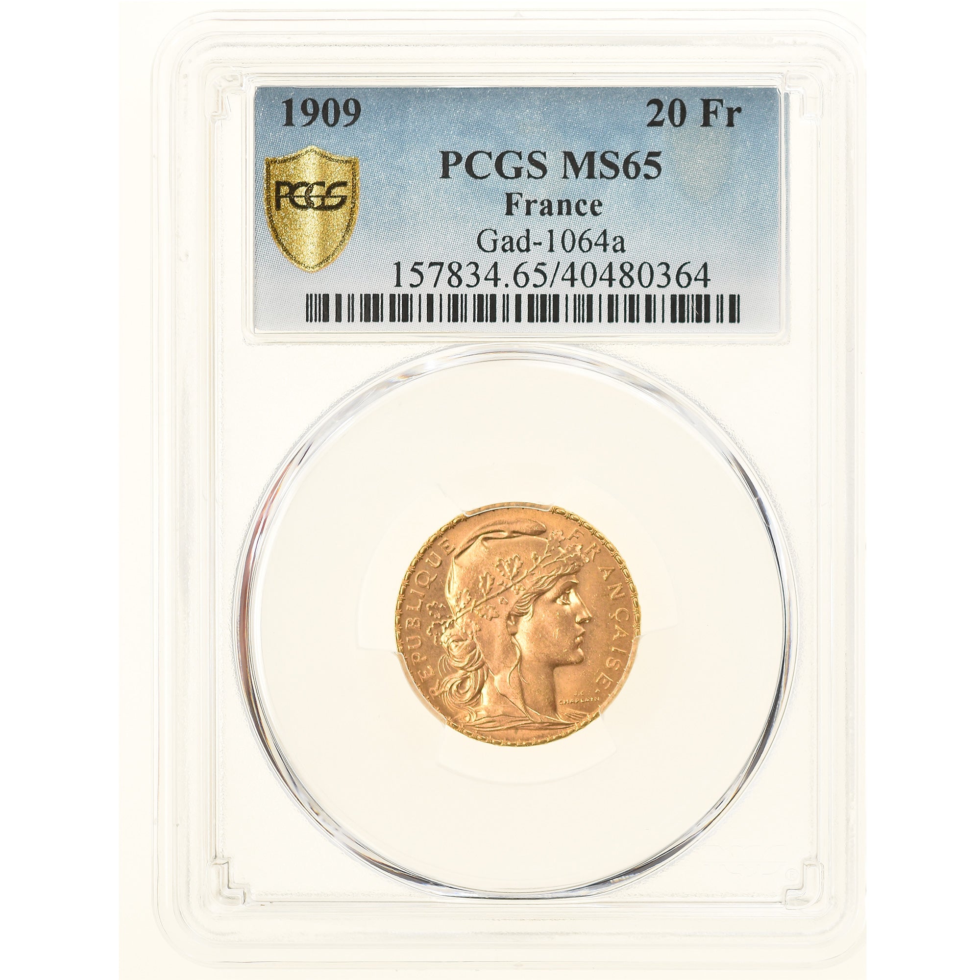 Coin, France, Marianne, 20 Francs, 1909, Paris, PCGS, MS65, MS(65-70), Gold