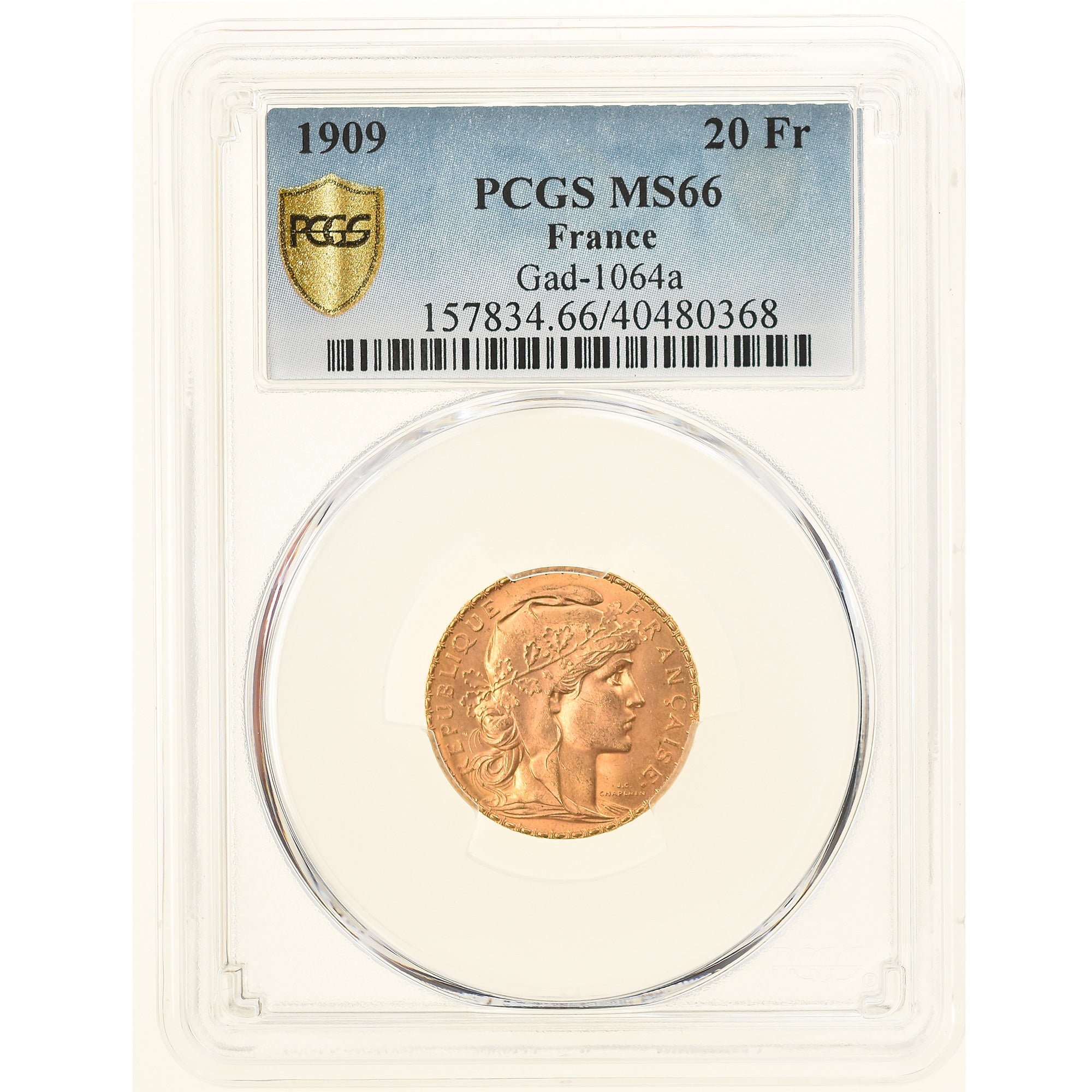 Coin, France, Marianne, 20 Francs, 1909, Paris, PCGS, MS66, MS(65-70), Gold