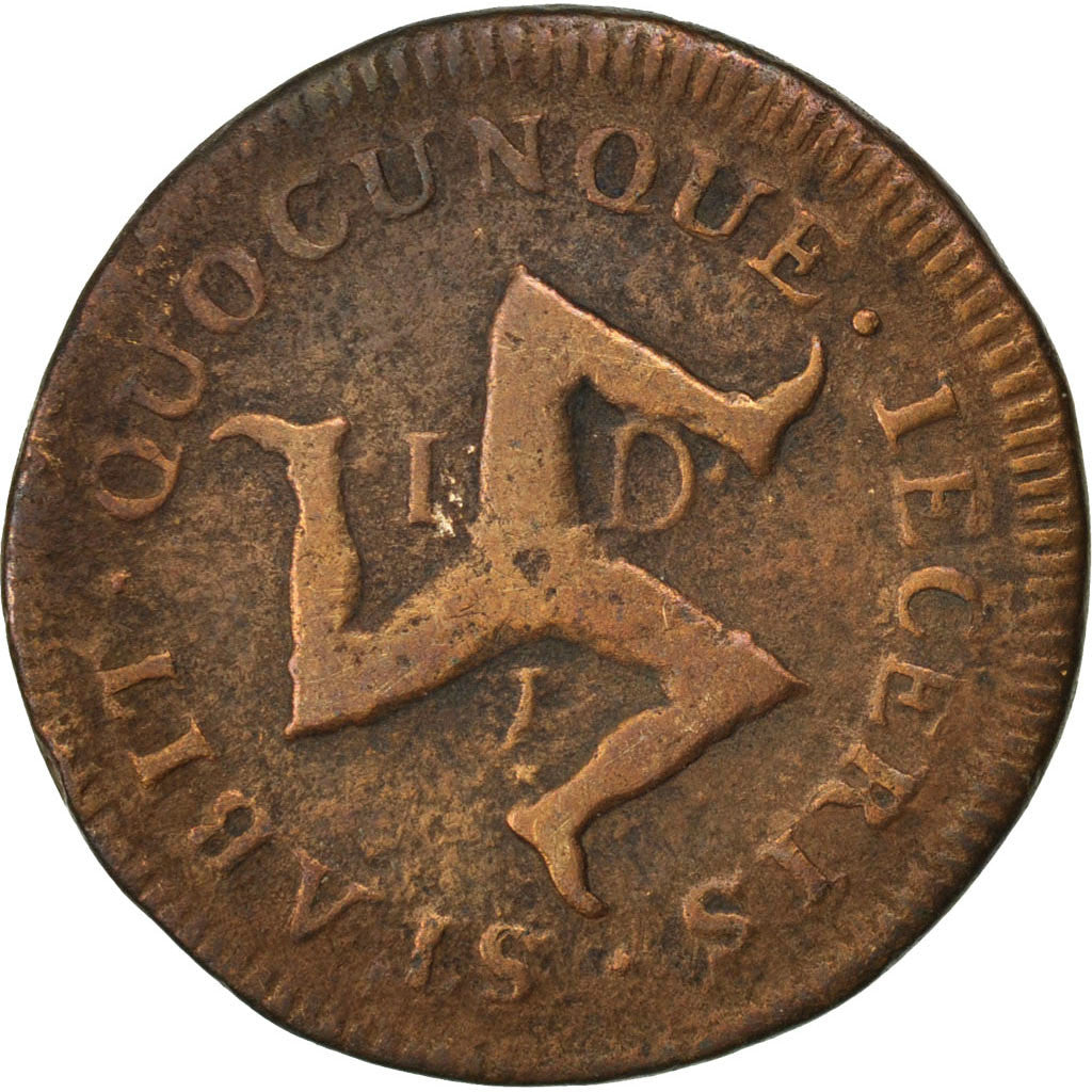 ISLE OF MAN, Penny, 1733, KM #5, VG(8-10), Copper, 7.95