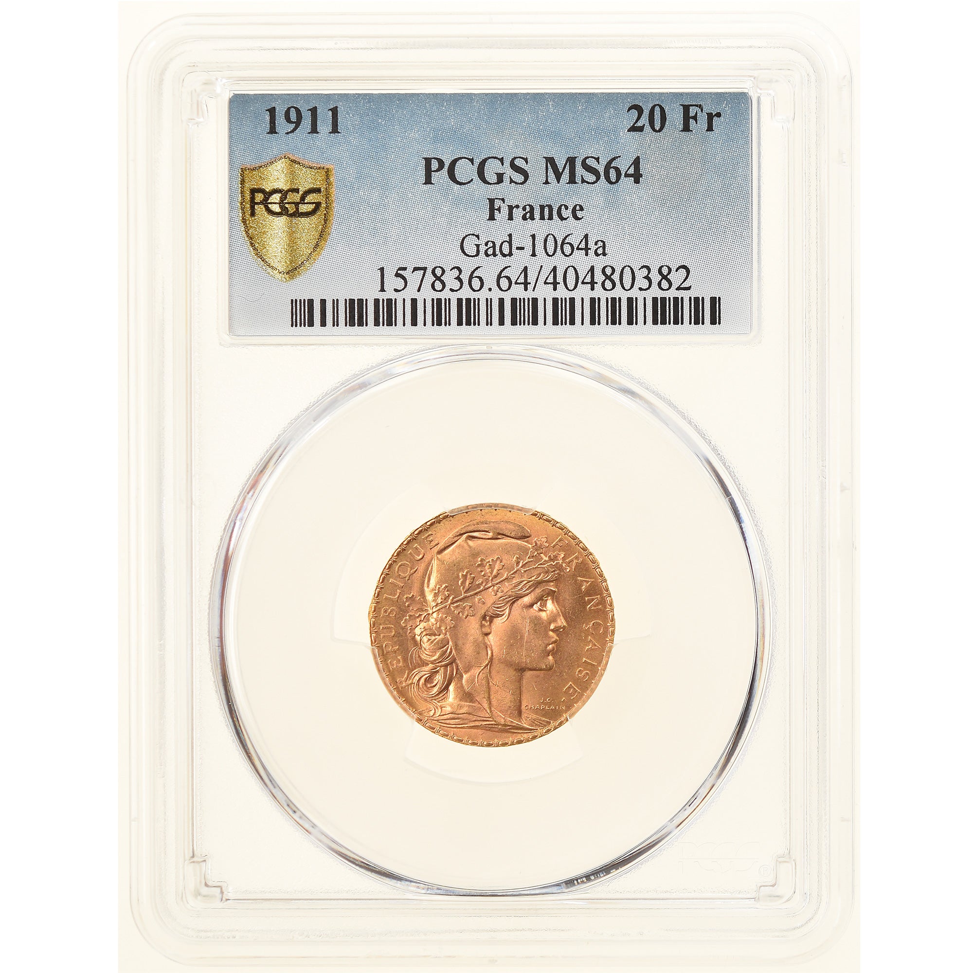 Coin, France, Marianne, 20 Francs, 1911, PCGS, MS64, MS(64), Gold, KM:857