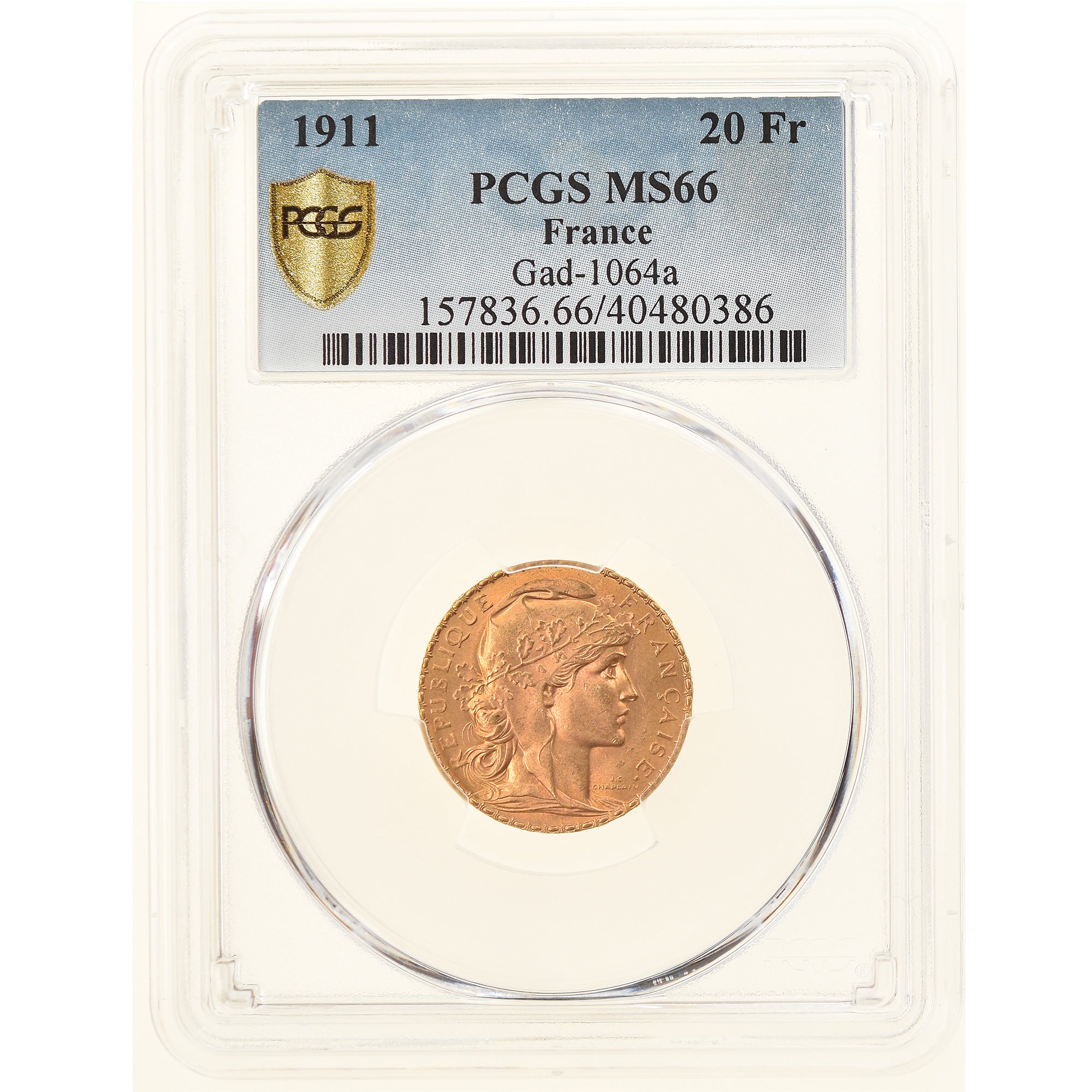 Coin, France, Marianne, 20 Francs, 1911, PCGS, MS66, MS(65-70), Gold, KM:857