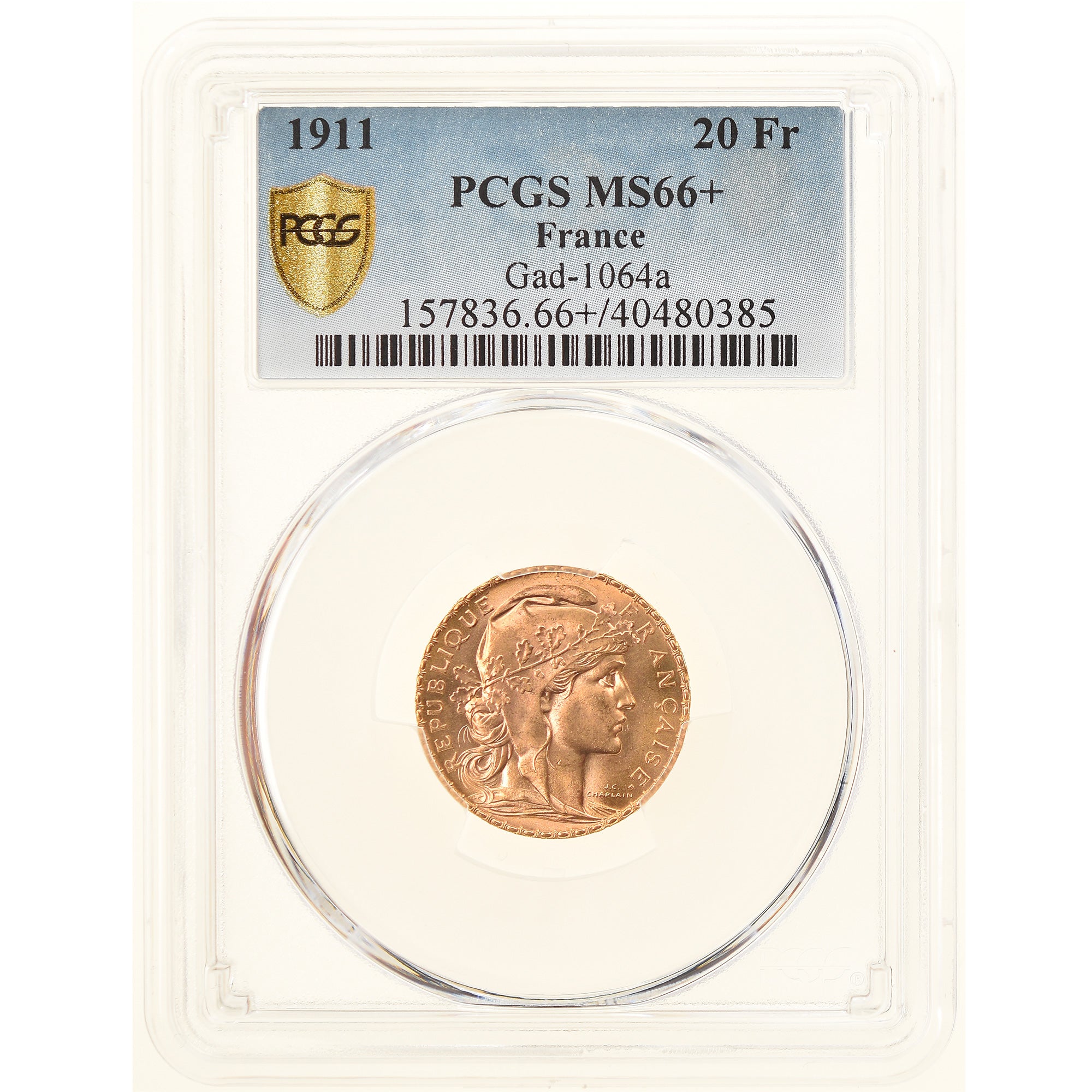 Coin, France, Marianne, 20 Francs, 1911, PCGS, MS66+, MS(65-70), Gold, KM:857
