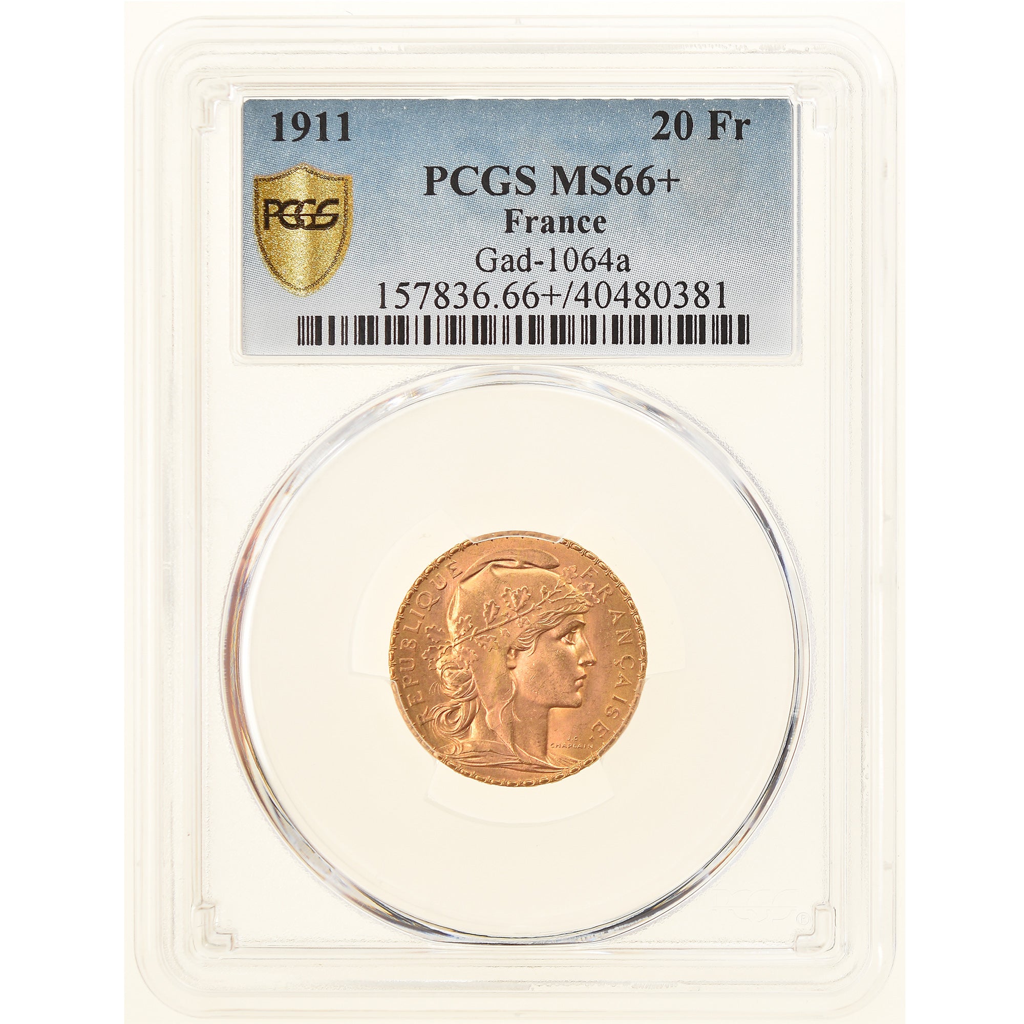 Coin, France, Marianne, 20 Francs, 1911, PCGS, MS66+, MS(65-70), Gold, KM:857