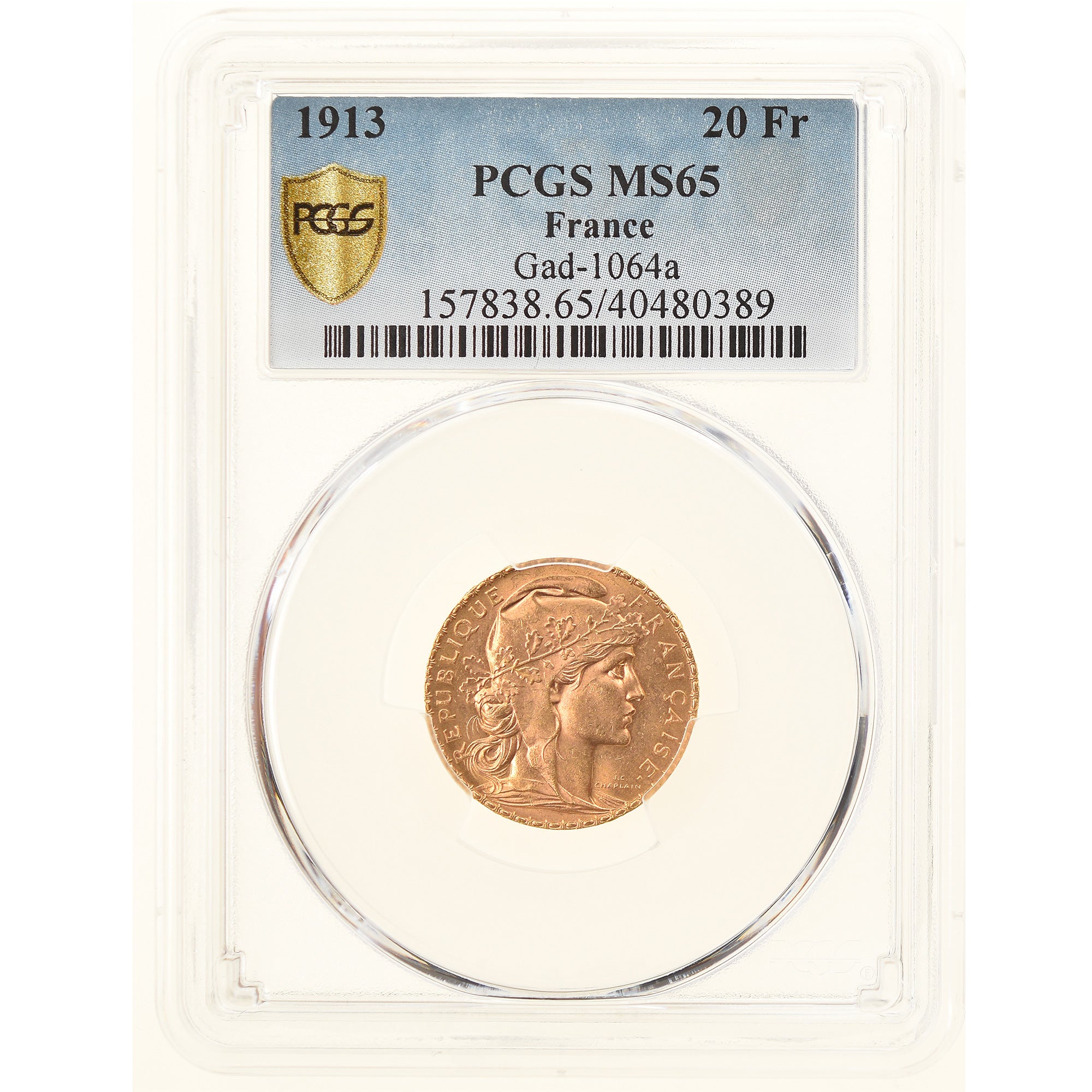 Moneta, Francia, Marianne, 20 Francs, 1913, Paris, PCGS, MS65, FDC, Oro, KM:857