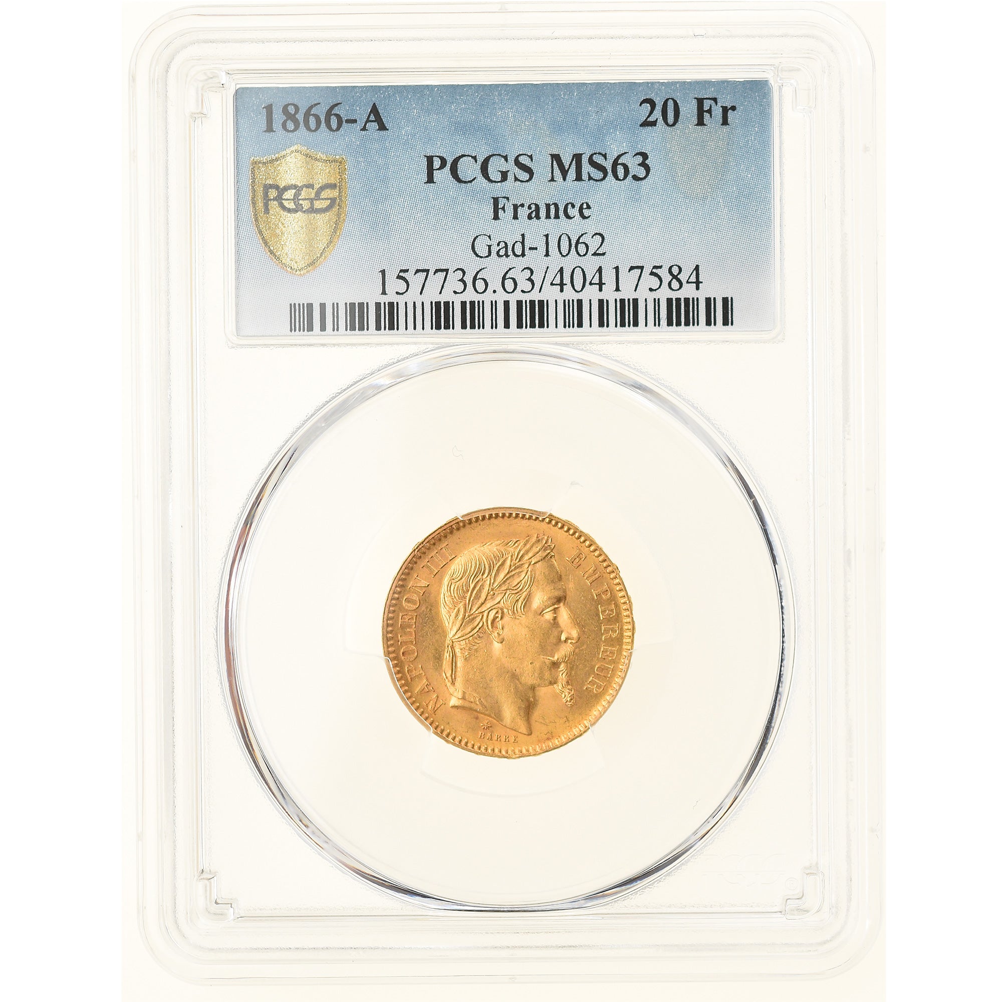 Coin, France, Napoleon III, 20 Francs, 1866, Paris, PCGS, MS63, MS(63), Gold