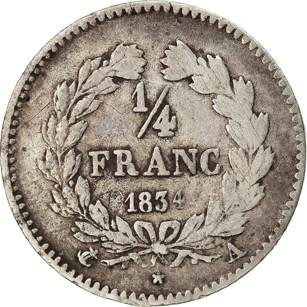 Coin, France, Louis-Philippe, 1/4 Franc, 1834, Paris, VF(30-35), Silver