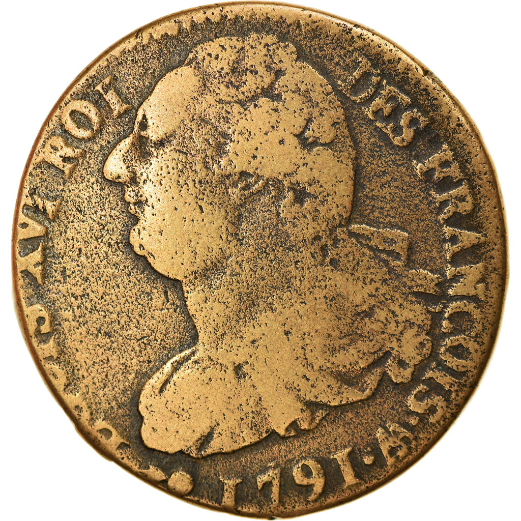 Moneda, Francia, 2 sols françois, 2 Sols, 1791, Metz, BC+, Bronce, KM:603.2