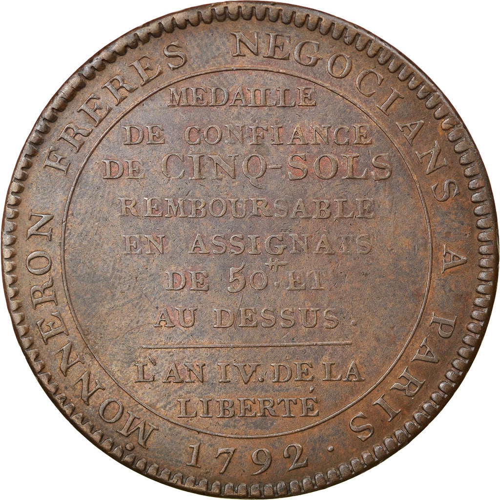 Coin, France, Monneron, 5 sols au serment, 1792, Paris, EF(40-45), Bronze