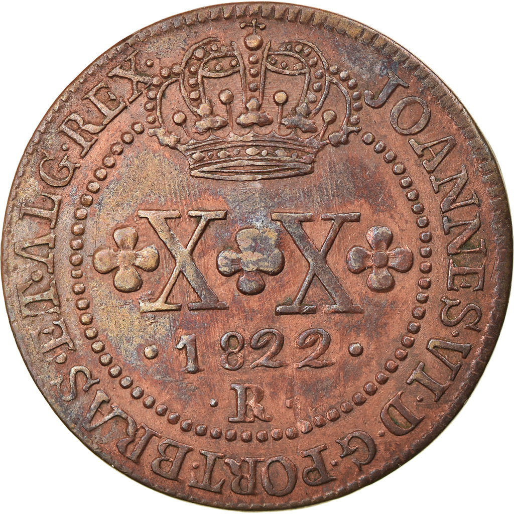 Moneda, Brasil, João VI, 20 Reis, 1822, Rio de Janeiro, MBC+, Cobre, KM:316.1