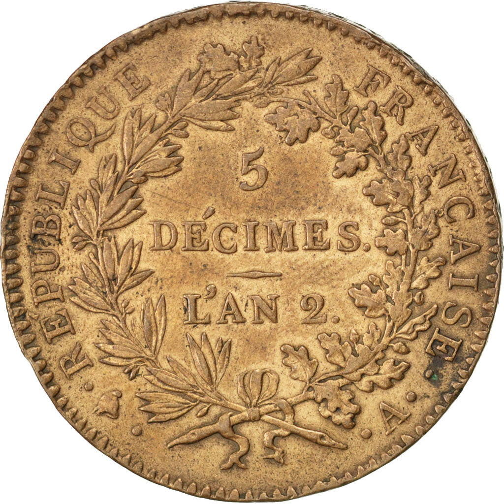 FRANCE, 5 Décimes, 1794, Paris, EF(40-45), Bronze, Le Franc #172A, Brandon #98,