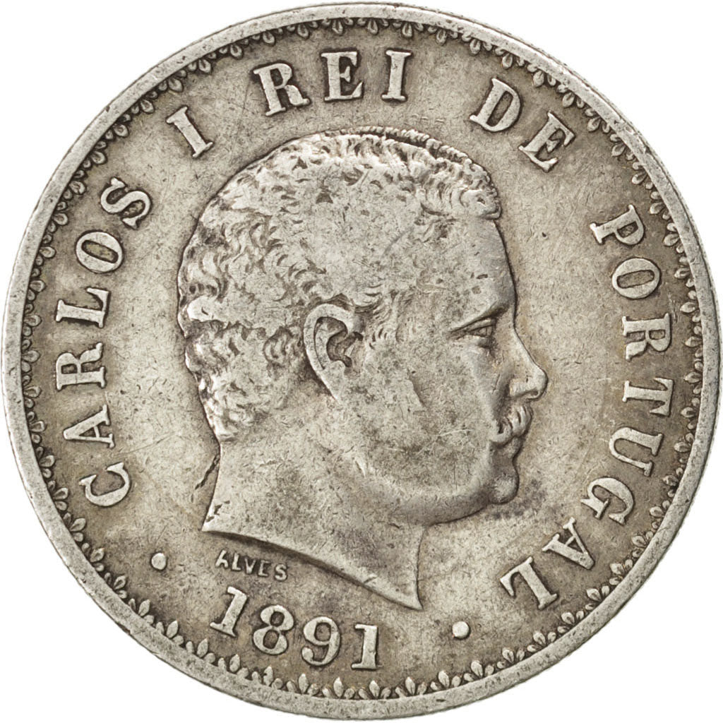 PORTUGAL, 500 Reis, 1891, KM #535, VF(30-35), Silver, 30, 12.39