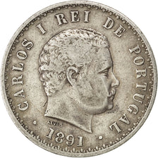 PORTUGAL, 500 Reis, 1891, KM #535, VF(30-35), Silver, 30, 12.39