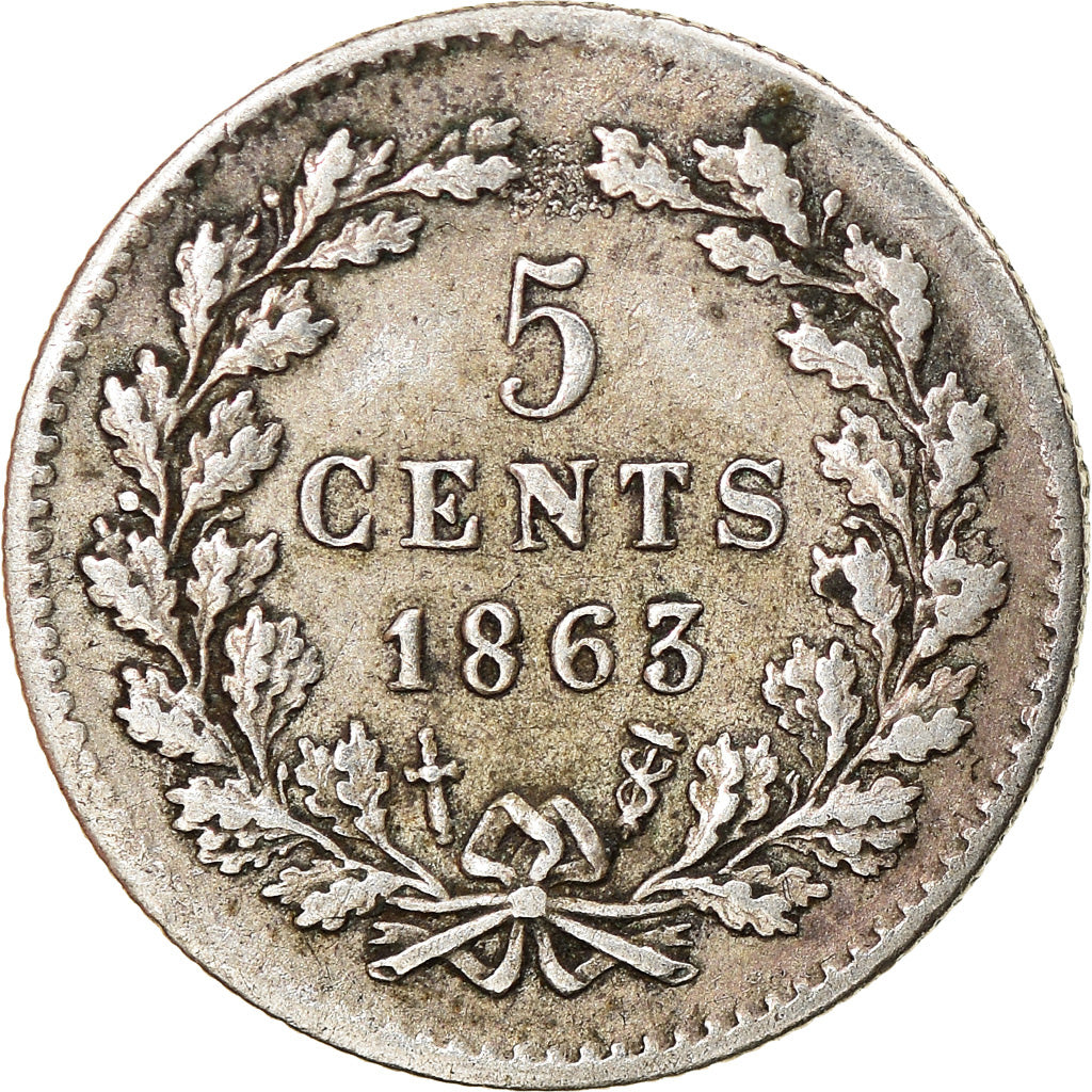 Münze, Niederlande, William III, 5 Cents, 1863, SS, Silber, KM:91