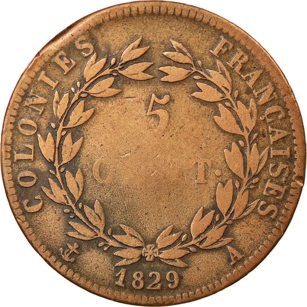 Moneda, COLONIAS FRANCESAS, Charles X, 5 Centimes, 1829, Paris, BC+, Bronce