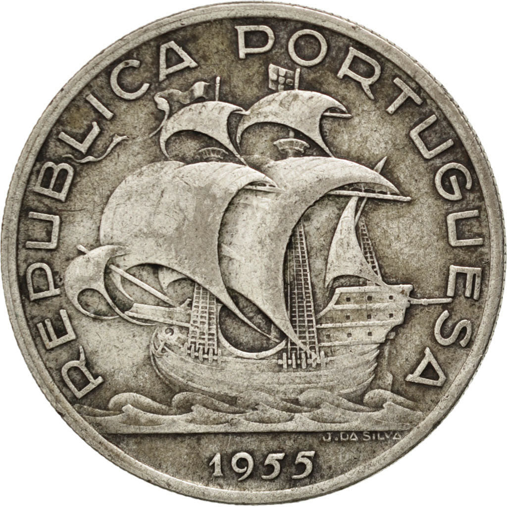 PORTUGAL, 10 Escudos, 1955, KM #586, EF(40-45), Silver, 30, 12.38