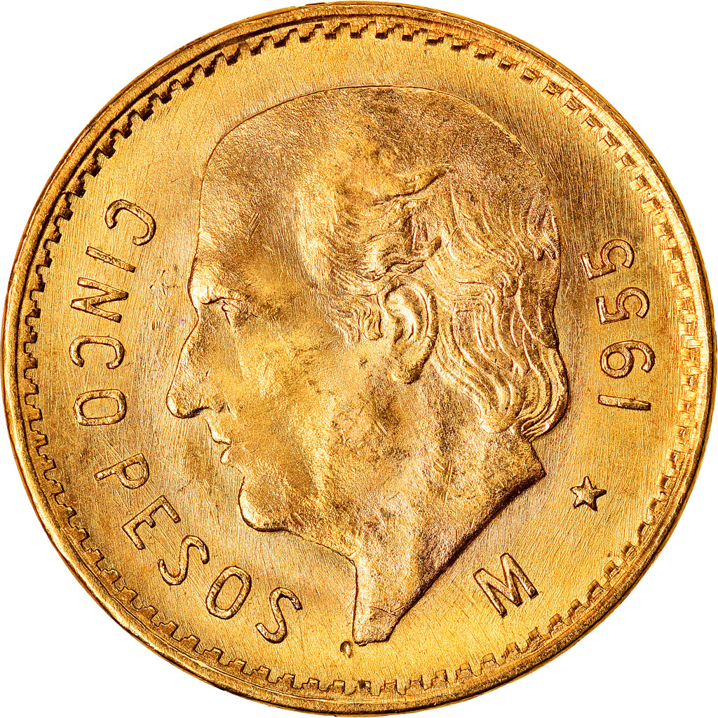 Coin, Mexico, 5 Pesos, 1955, Mexico City, AU(55-58), Gold, KM:464
