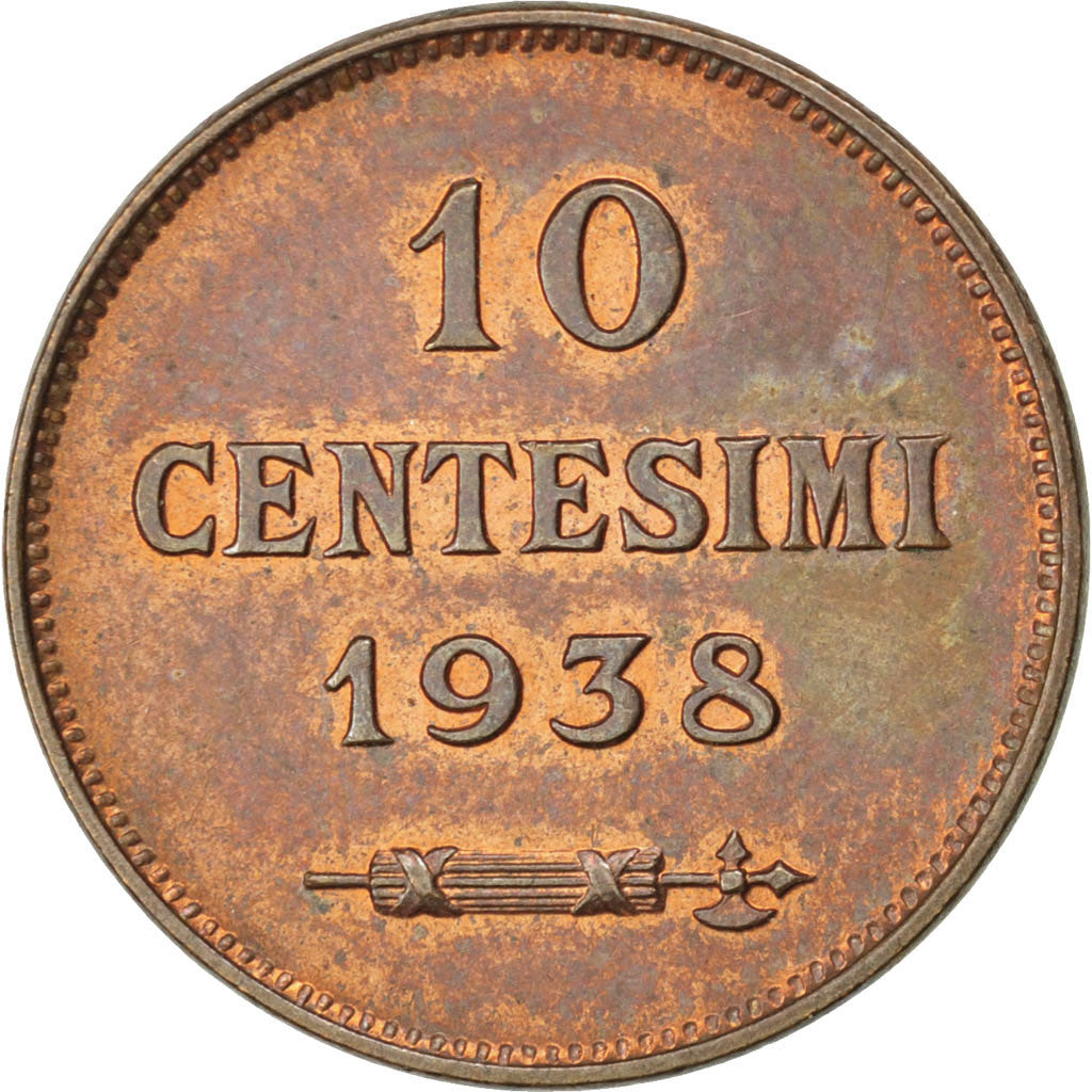 SAN MARINO, 10 Centesimi, 1938, Rome, KM #13, MS(63), Bronze, 22.5, 5.40