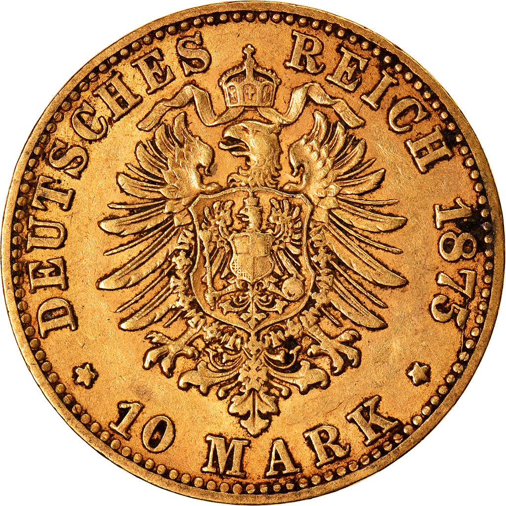 Coin, German States, PRUSSIA, Wilhelm I, 10 Mark, 1875, Cleves, EF(40-45), Gold