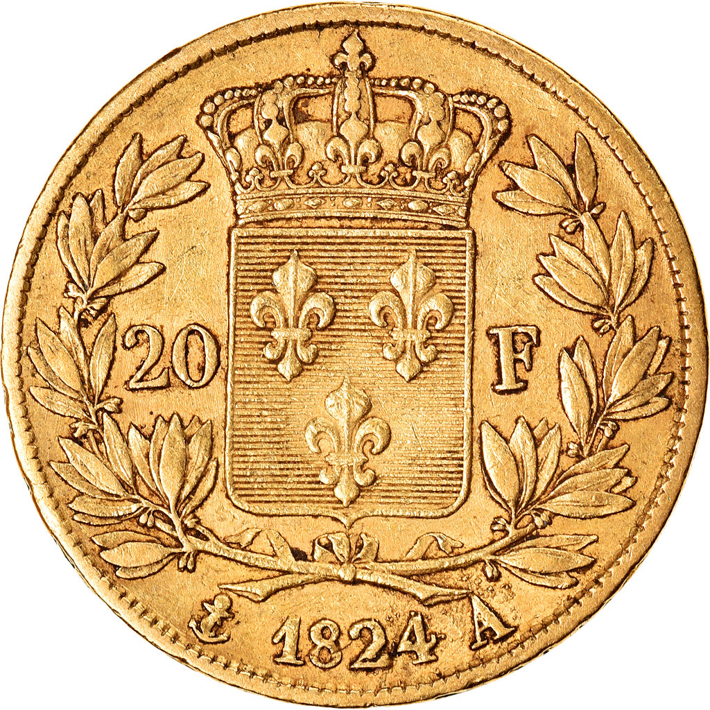 Moneda, Francia, Louis XVIII, Louis XVIII, 20 Francs, 1824, Paris, MBC, Oro