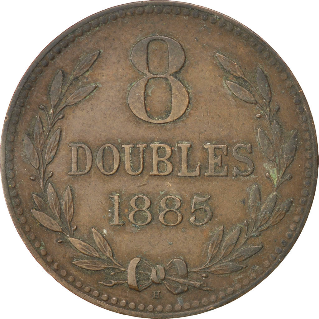 GUERNSEY, 8 Doubles, 1885, Heaton, KM #7, EF(40-45), Bronze, 31.6, 9.78