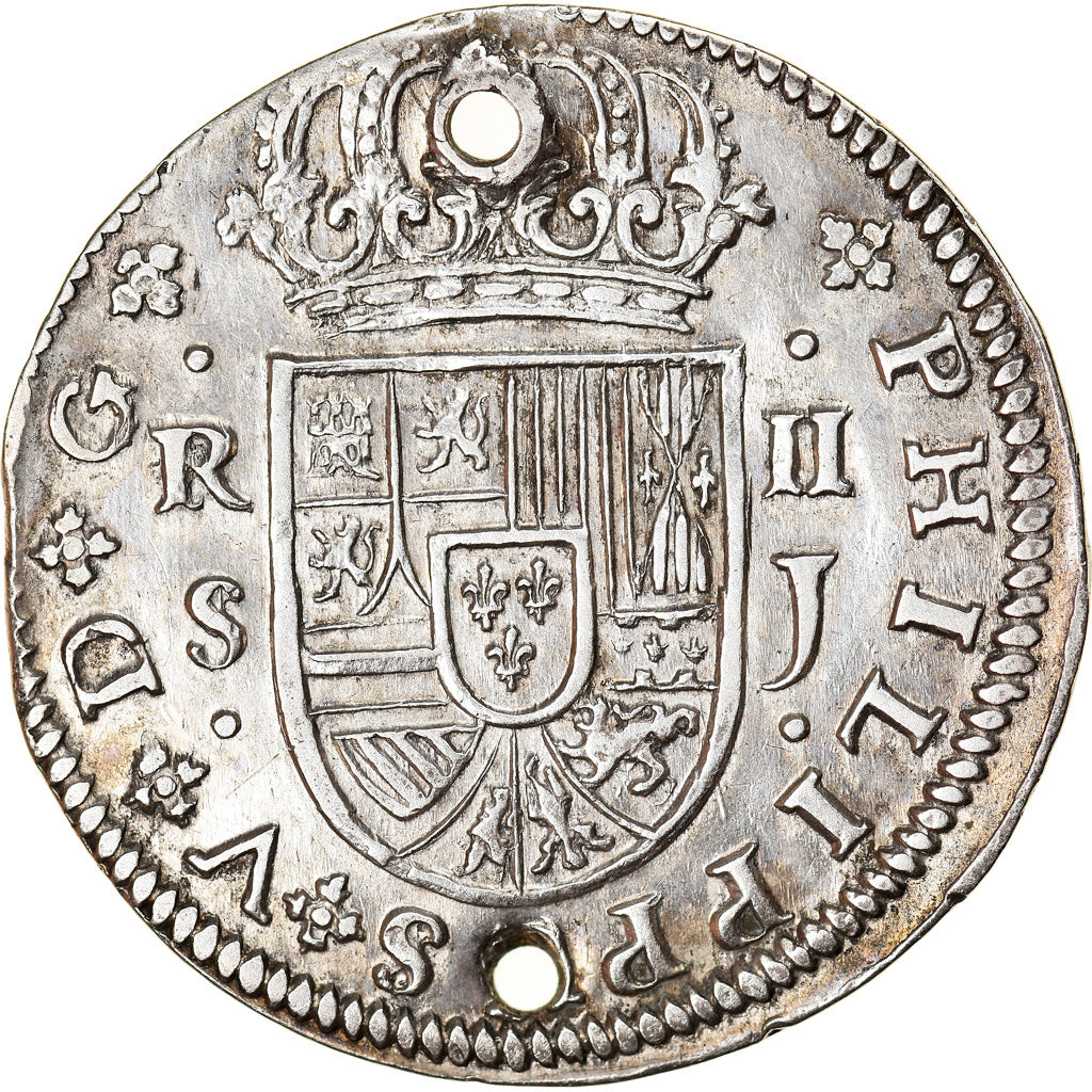Monnaie, Espagne, Philip V, 2 Reales, 1721, Seville, Trouée, TTB+, Argent