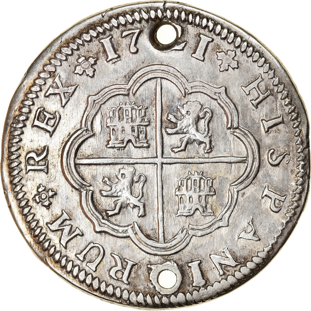 Monnaie, Espagne, Philip V, 2 Reales, 1721, Seville, Trouée, TTB+, Argent