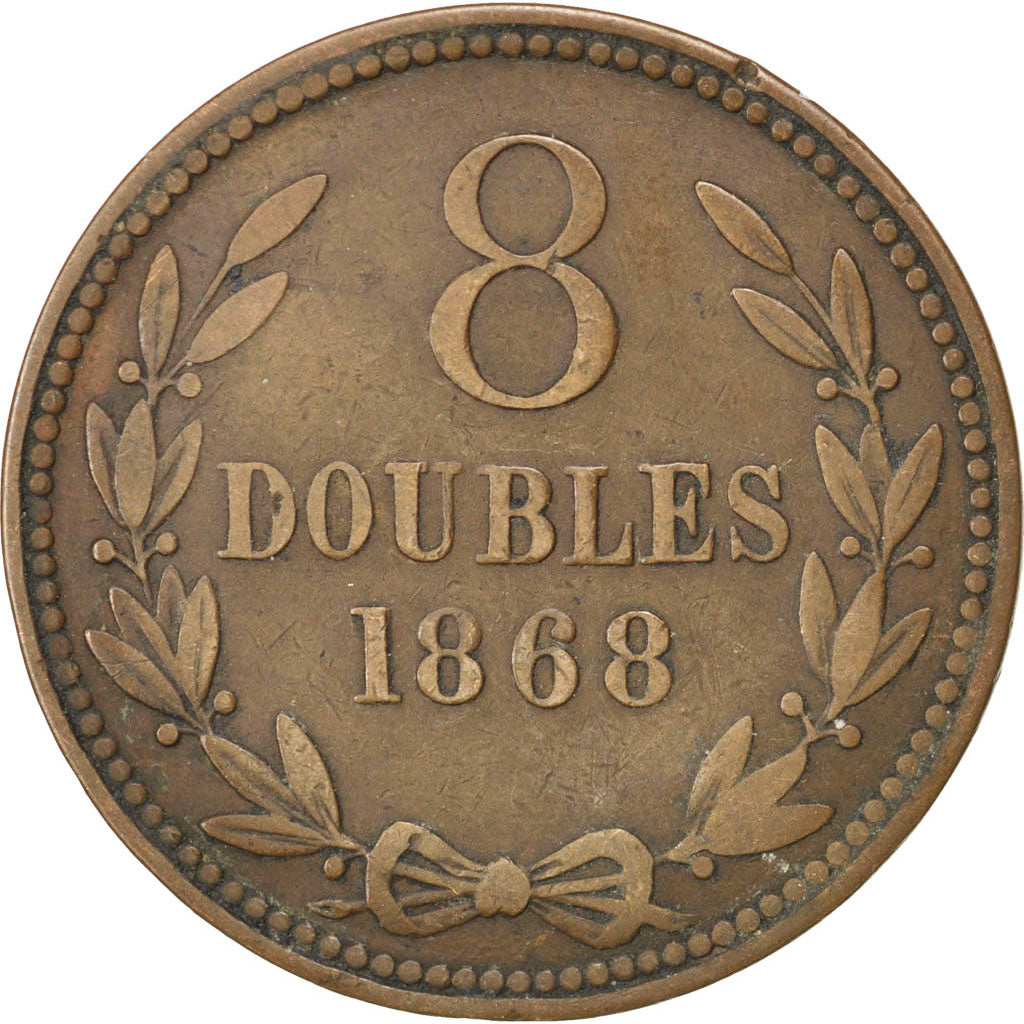 GUERNSEY, 8 Doubles, 1868, Heaton, KM #7, VF(30-35), Bronze, 31.6, 9.37