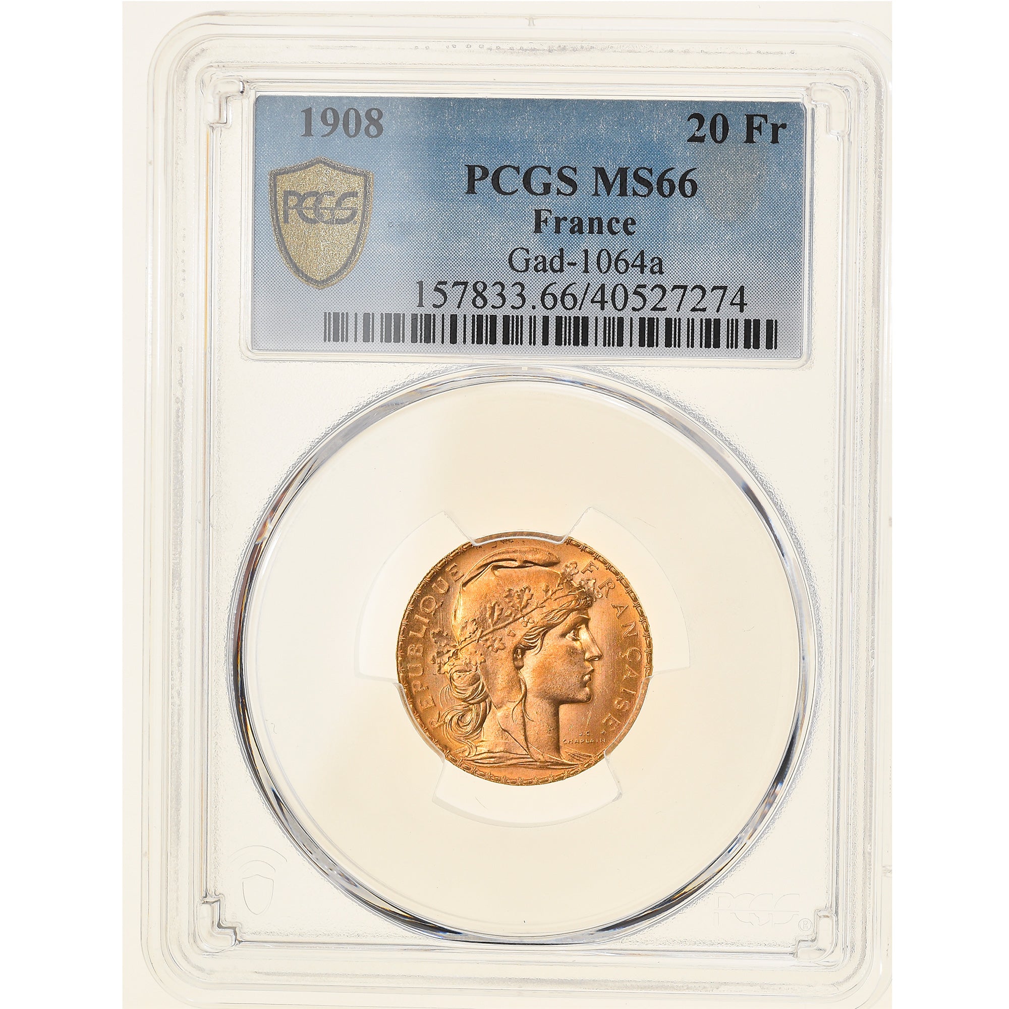 Coin, France, Marianne, 20 Francs, 1908, Paris, PCGS, MS66, MS(65-70), Gold