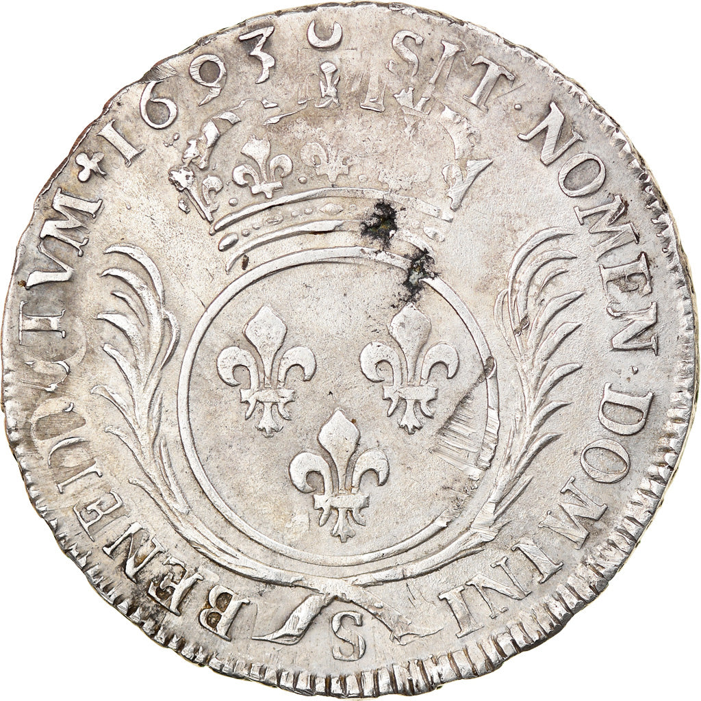 Munten, Frankrijk, Louis XIV, Ecu aux palmes, 1693, Reims, ZF+, Zilver